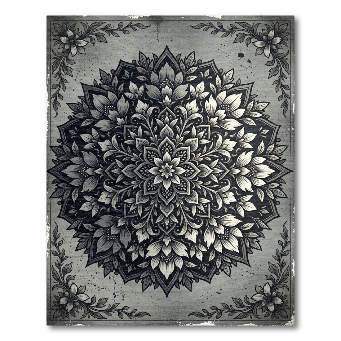 Ornate Gray Ink Floral Mandala Rug