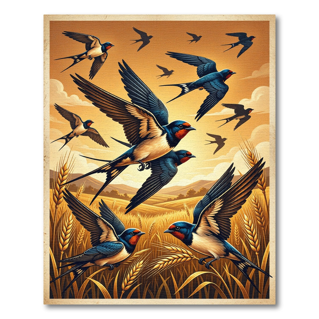 Golden Wheat Field with Flying Swallows Rug