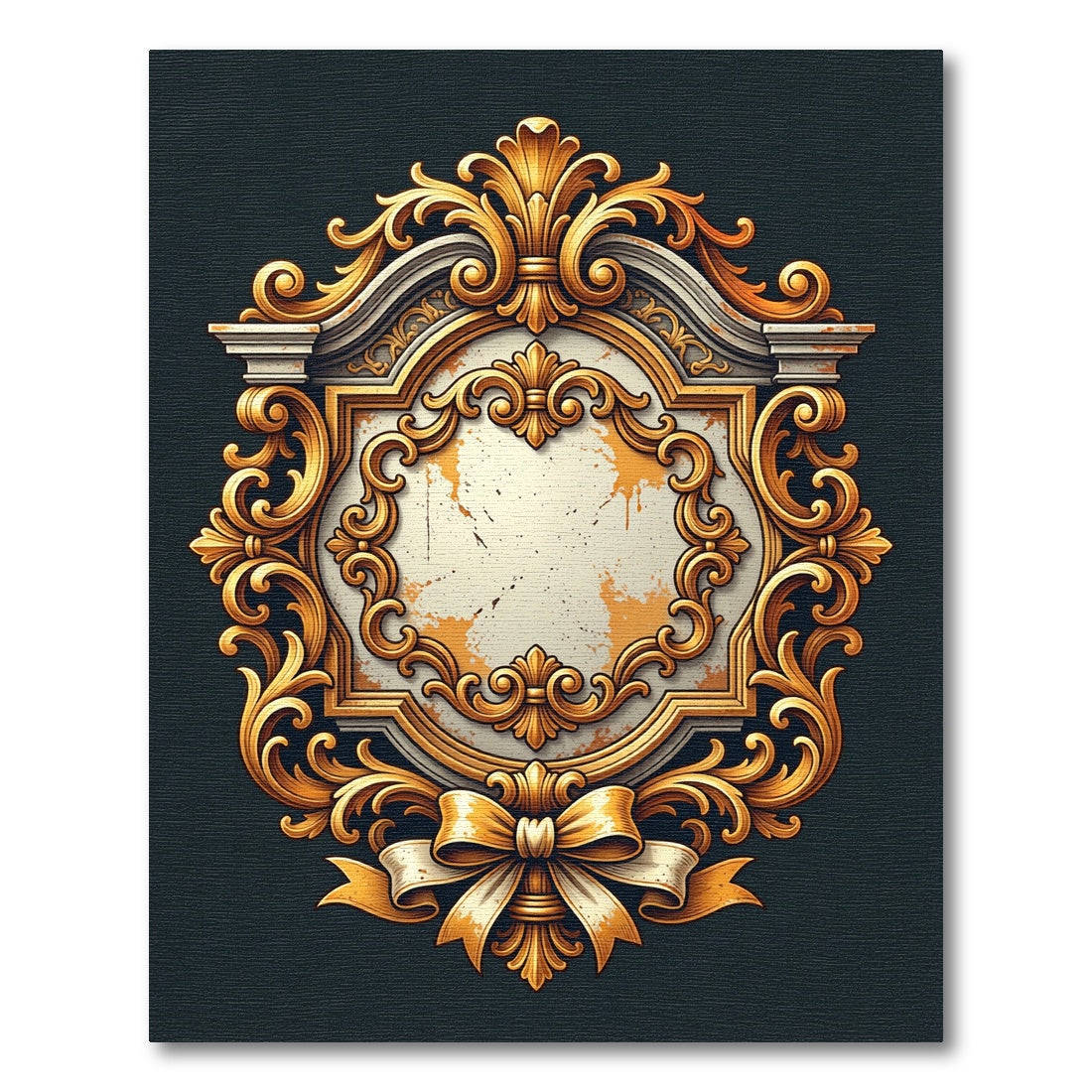 Ornate Gold Swirl Ribbon Emblem Rug