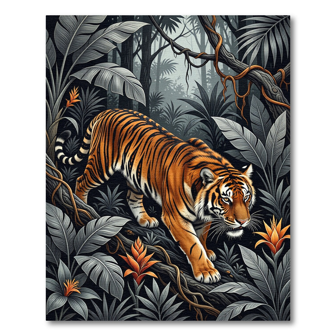 Vivid Orange Tiger Jungle Foliage Rug