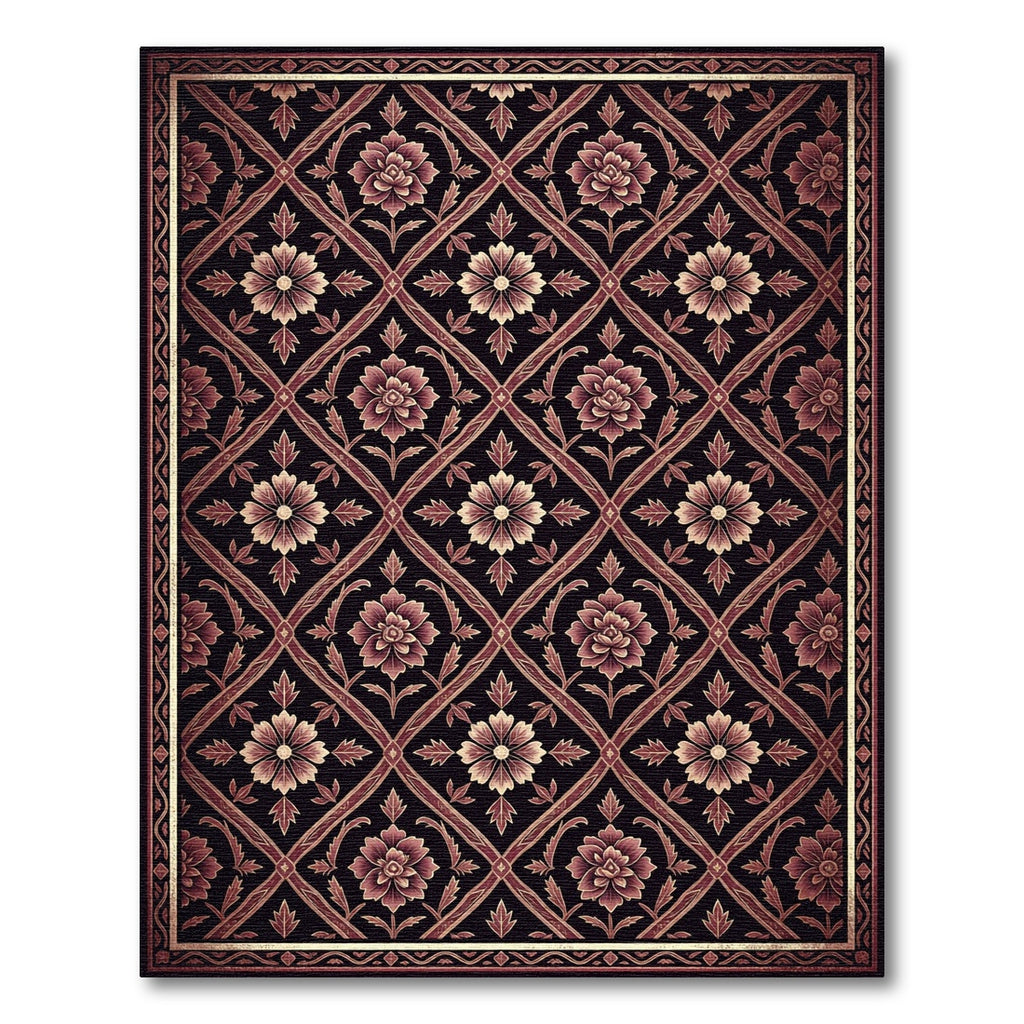 Dark Burgundy Floral Geometric Vine Rug