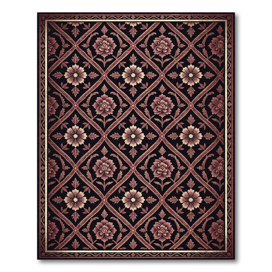 Dark Burgundy Floral Geometric Vine Rug