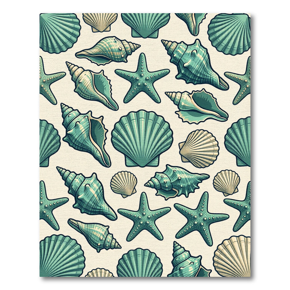 Coastal Teal Seashell and Starfish Illustration Rug