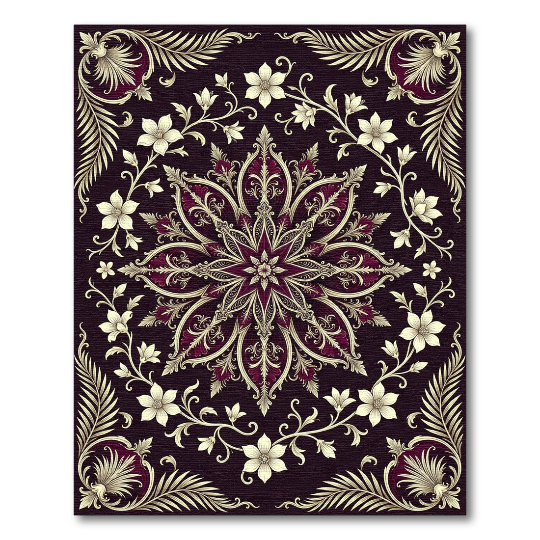 Elegant Midnight Burgundy Floral Medallion Rug