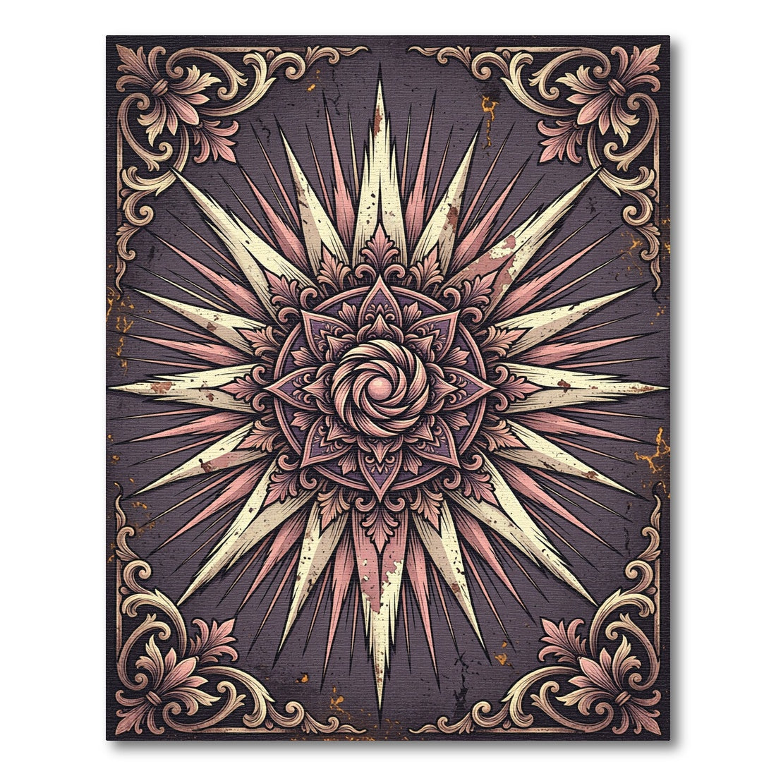Vintage Mauve Ornate Sunburst Medallion Rug