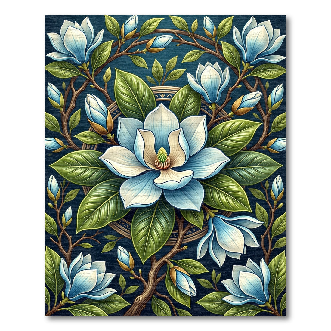 Botanical Blue Magnolia Floral Medallion Rug