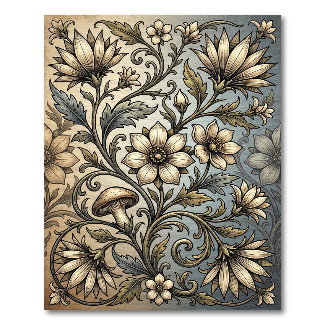 Vintage Floral Swirl Mushroom Motif Rug