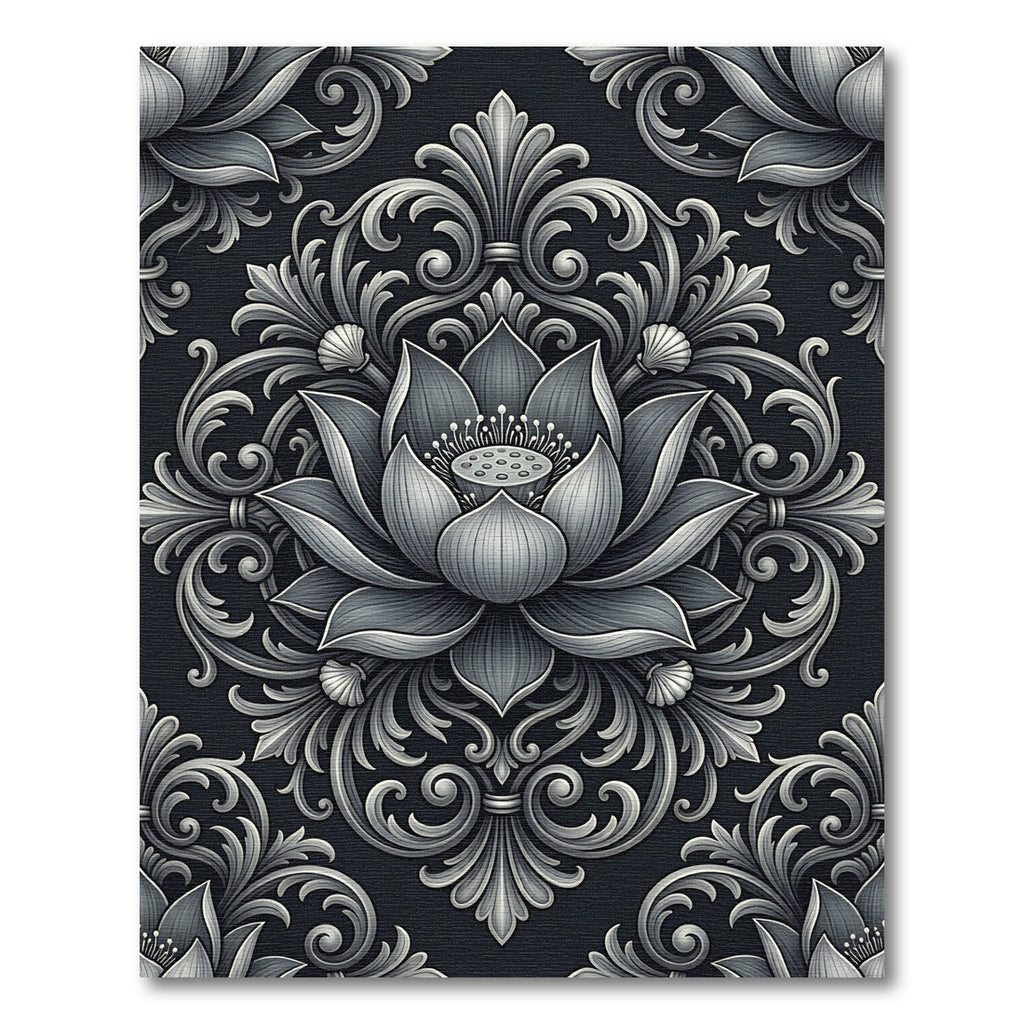 Silver Embossed Lotus Floral Damask Rug