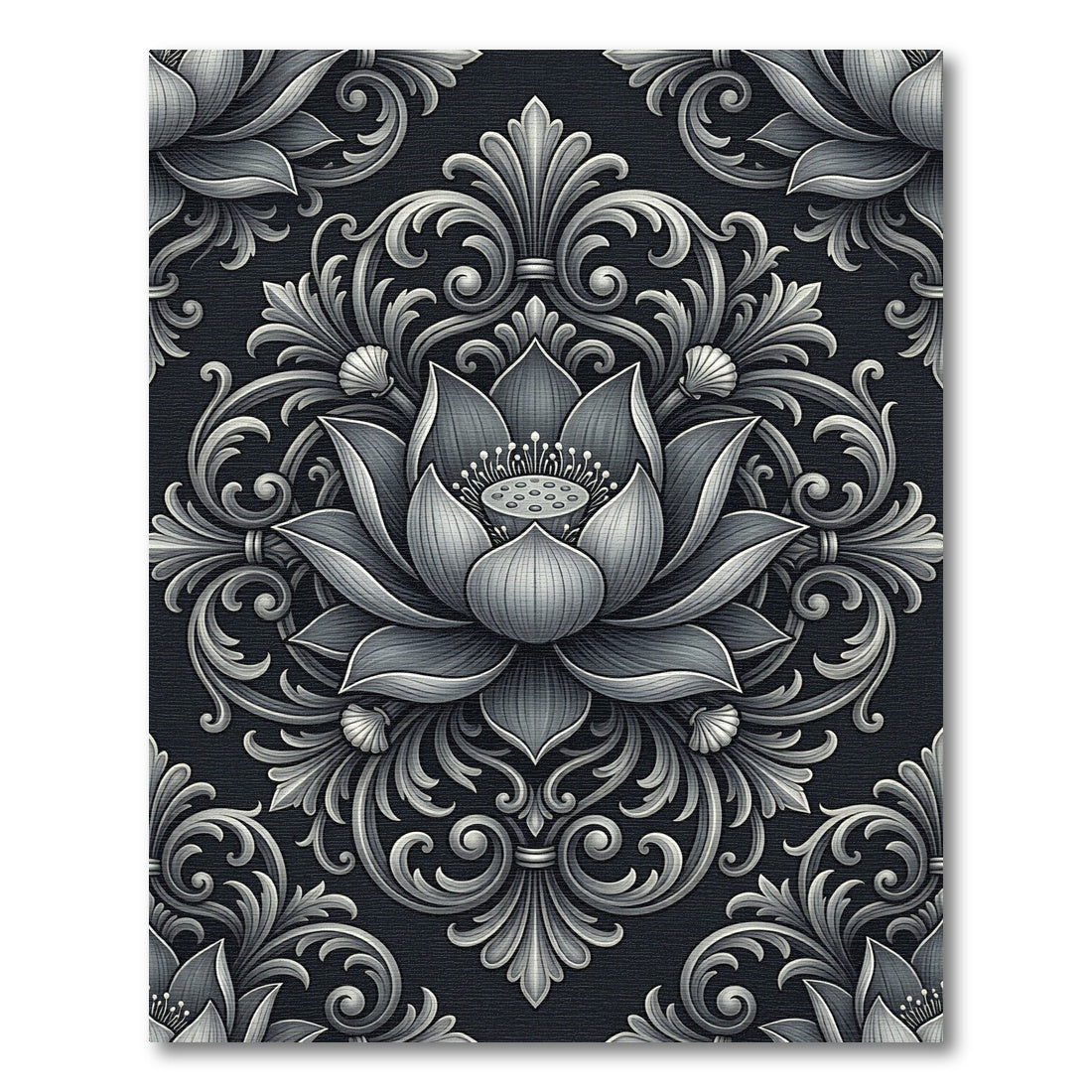 Silver Embossed Lotus Floral Damask Rug