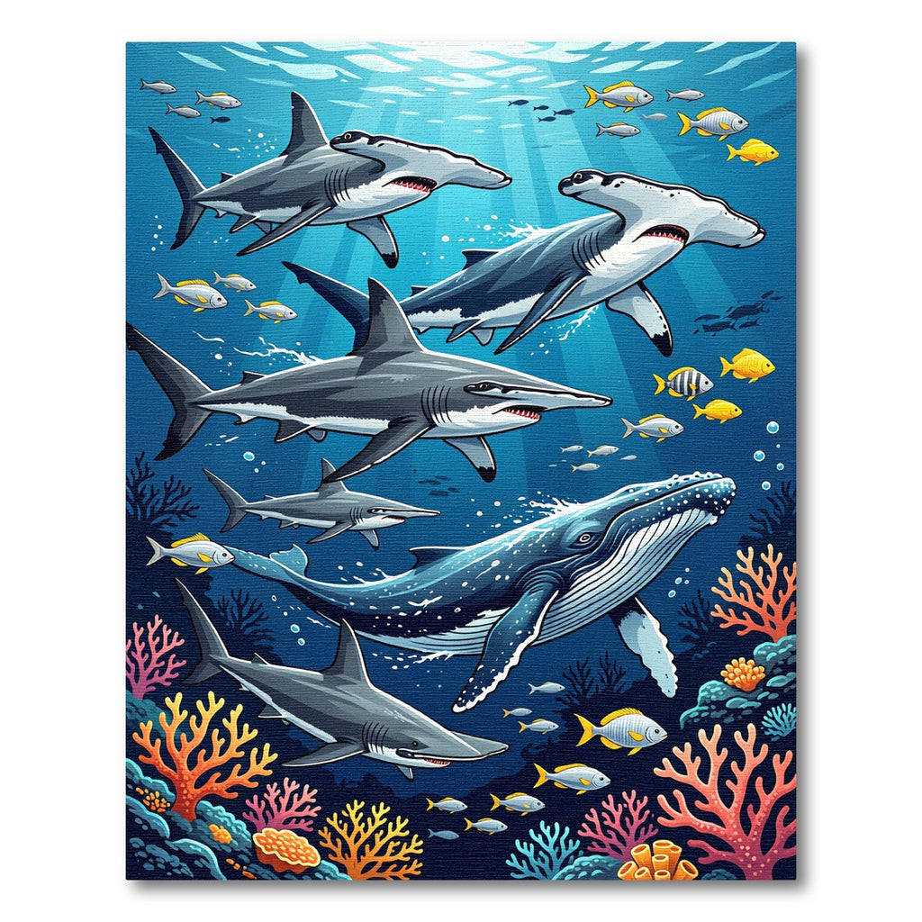 Vibrant Oceanic Hammerhead Shark Coral Scene Rug