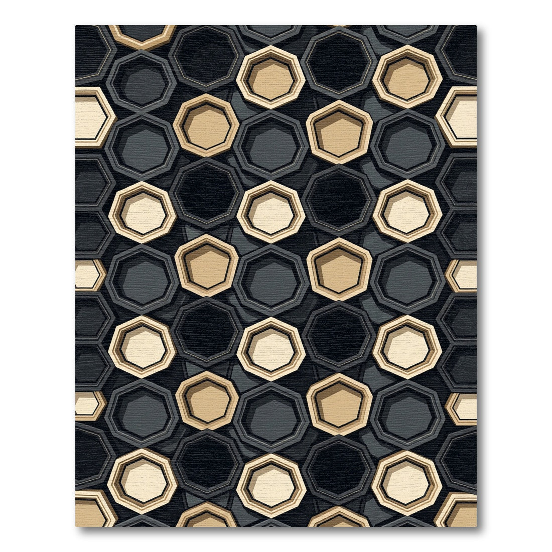 Geometric Hexagonal Beige Black Rug