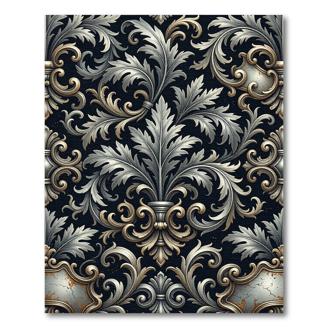Ornate Silver Gold Acanthus Scroll Rug