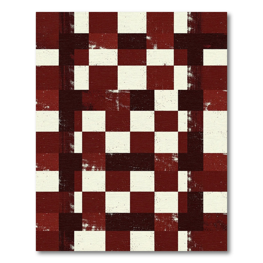 Distressed Burgundy and Cream Checkerboard Grid Rug