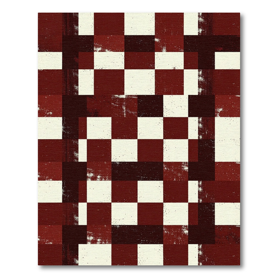 Distressed Burgundy and Cream Checkerboard Grid Rug