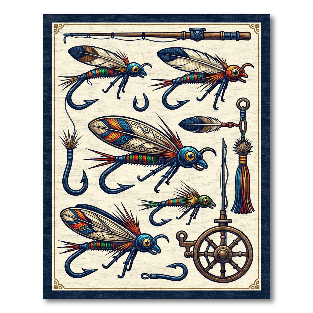 Vintage Colorful Fly Fishing Illustration Rug