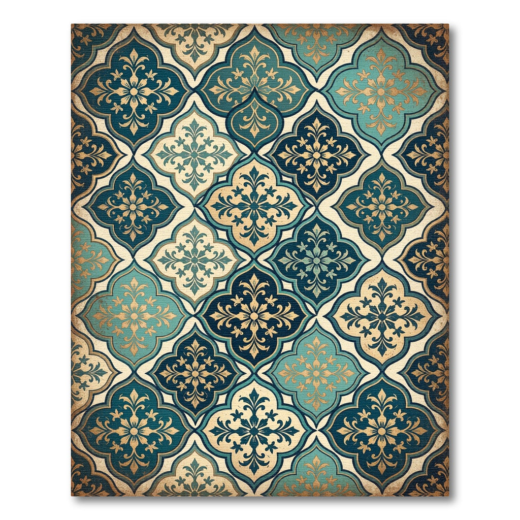 Teal and Gold Damask Quatrefoil Rug