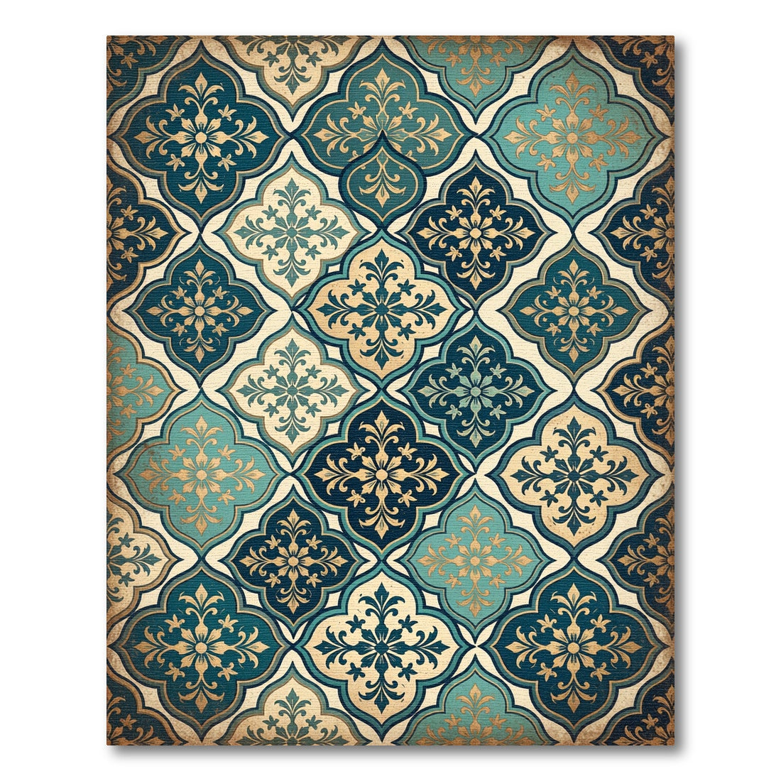 Teal and Gold Damask Quatrefoil Rug