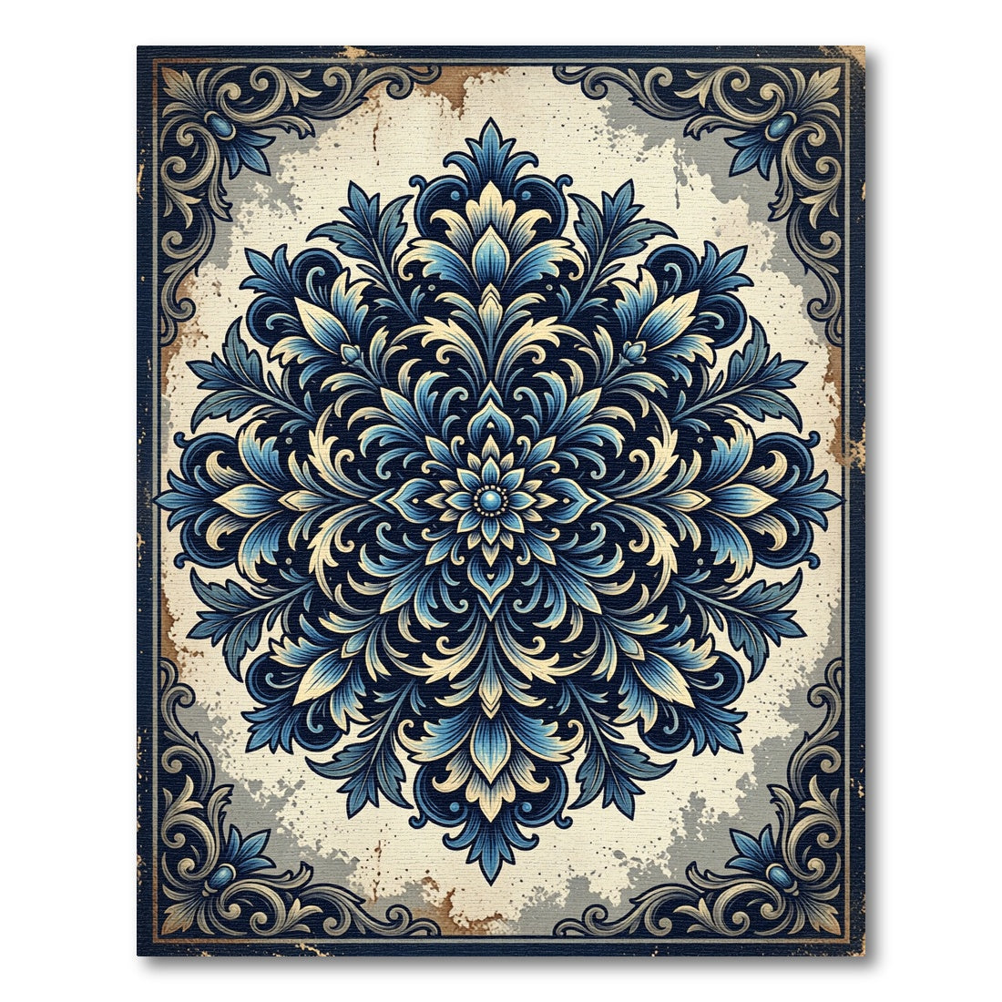 Intricate Navy Blue Floral Mandala Rug
