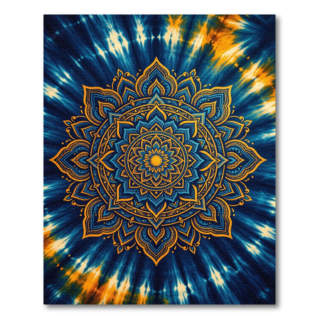 Blue Gold Intricate Mandala Tie Dye Rug
