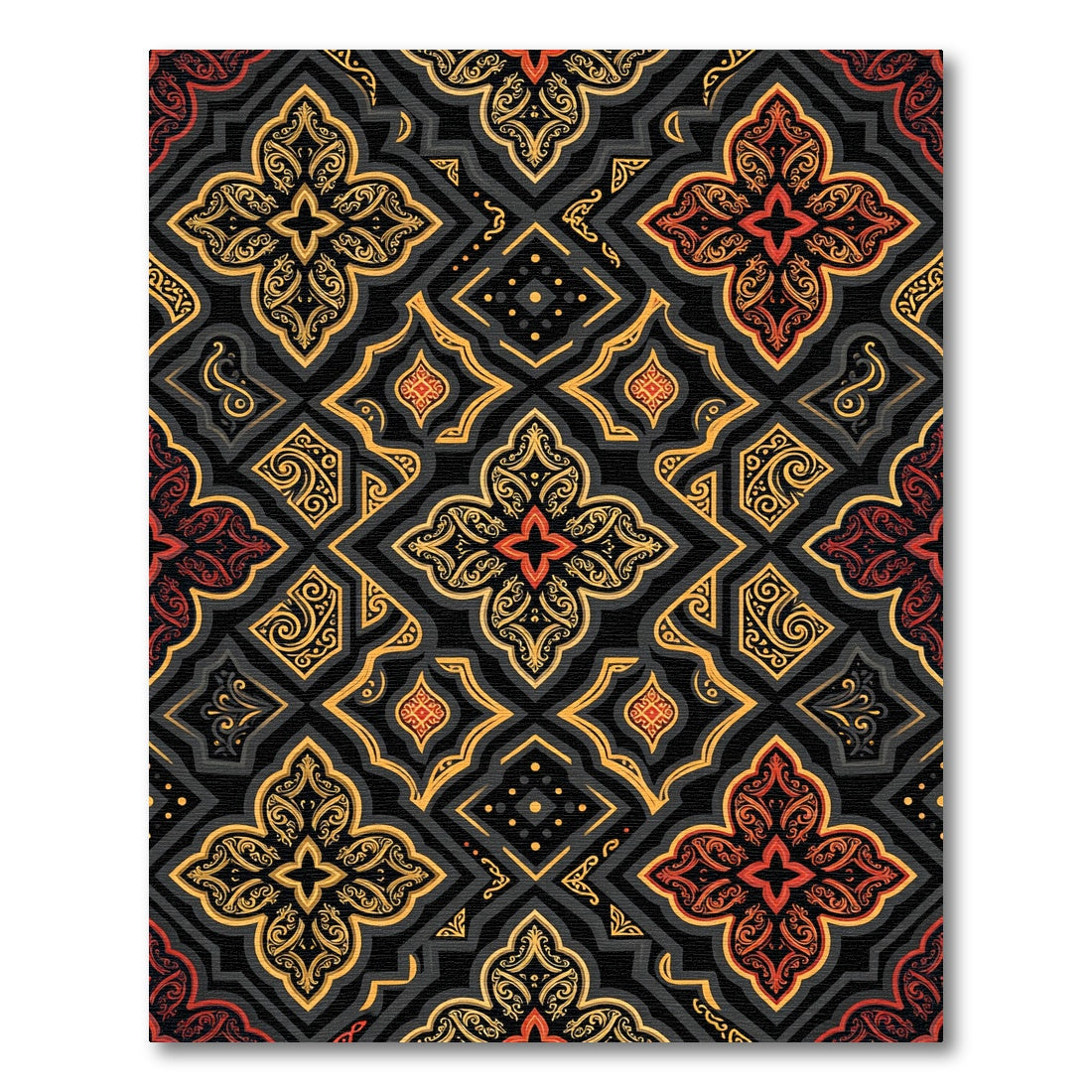 Ornate Black Gold Red Arabesque Rug
