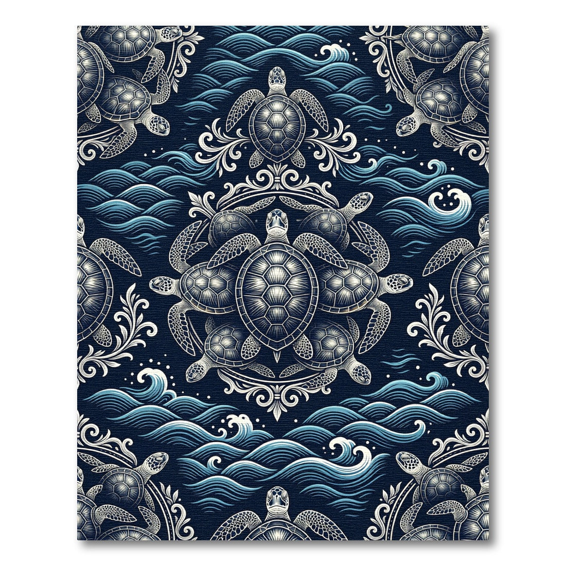 Ornate Midnight Blue Sea Turtle Illustration Rug