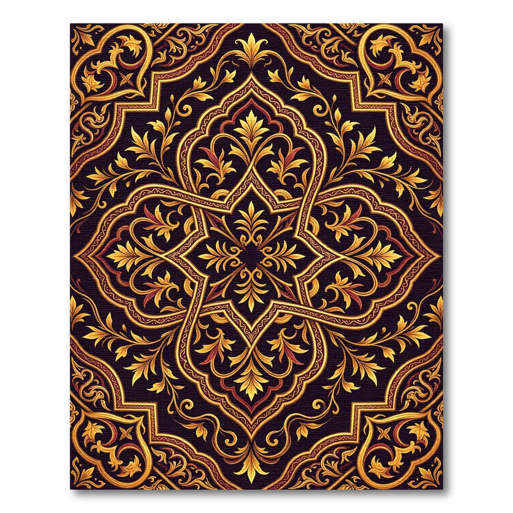Ornate Golden Floral Damask Scroll Rug