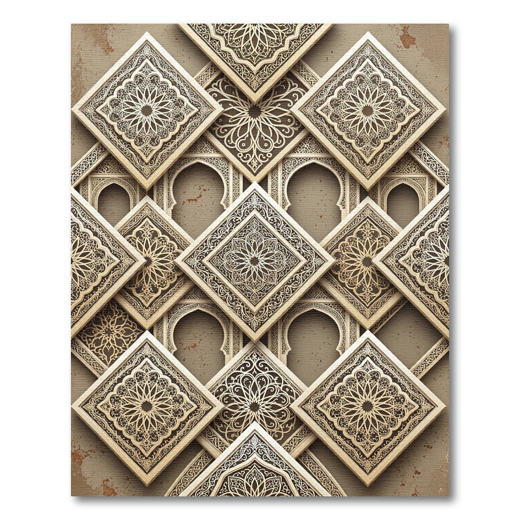 Elegant Taupe Geometric Mandala Tile Rug