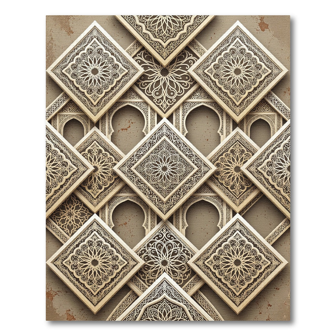 Elegant Taupe Geometric Mandala Tile Rug