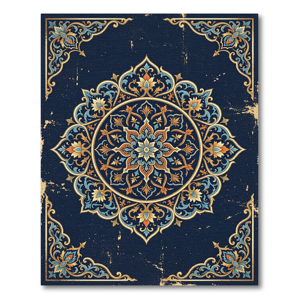 Ornate Navy Golden Floral Medallion Rug