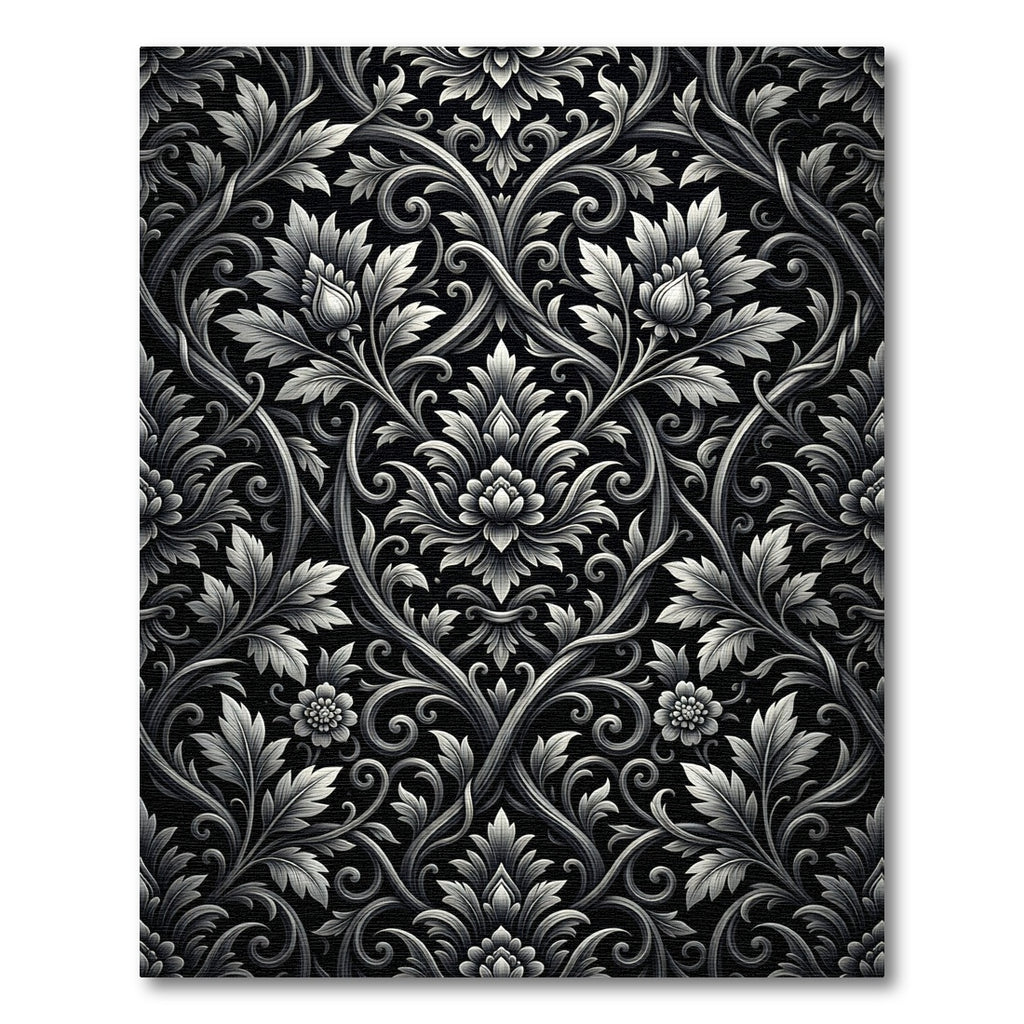 Ornate Black White Floral Flourish Rug