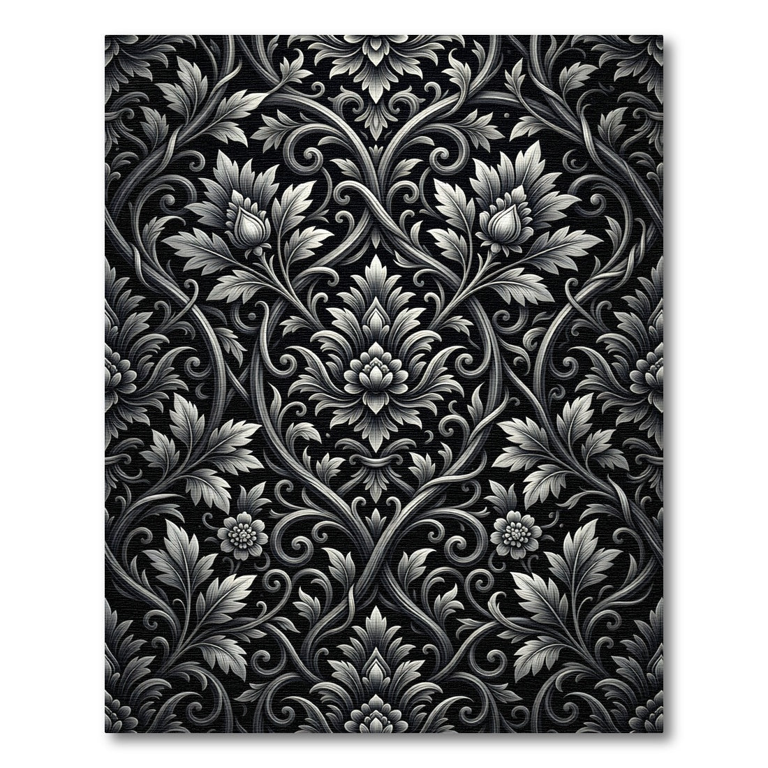 Ornate Black White Floral Flourish Rug
