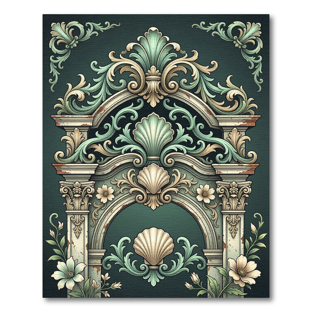 Ornate Teal Shell Floral Arch Rug