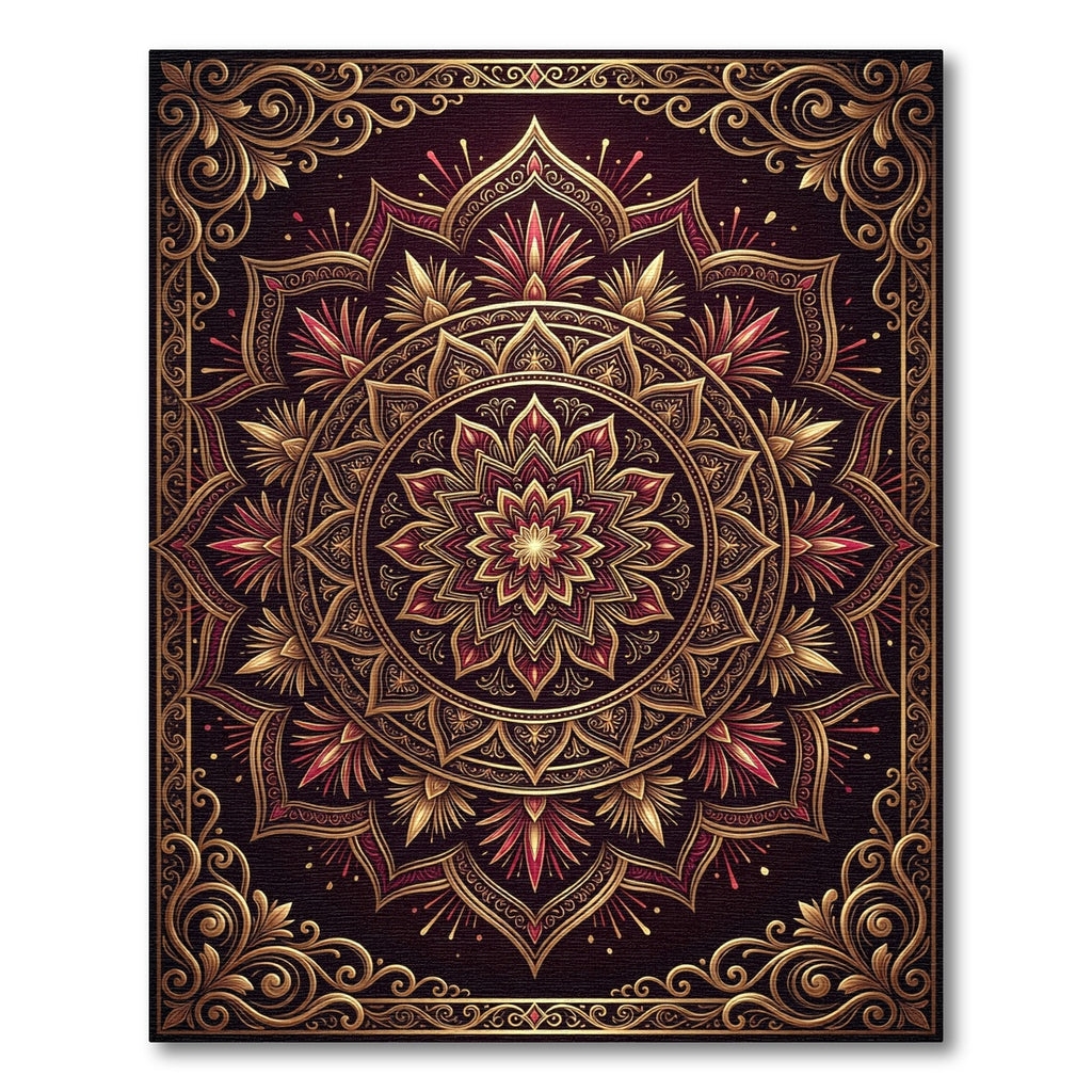 Crimson Gold Floral Mandala Rug