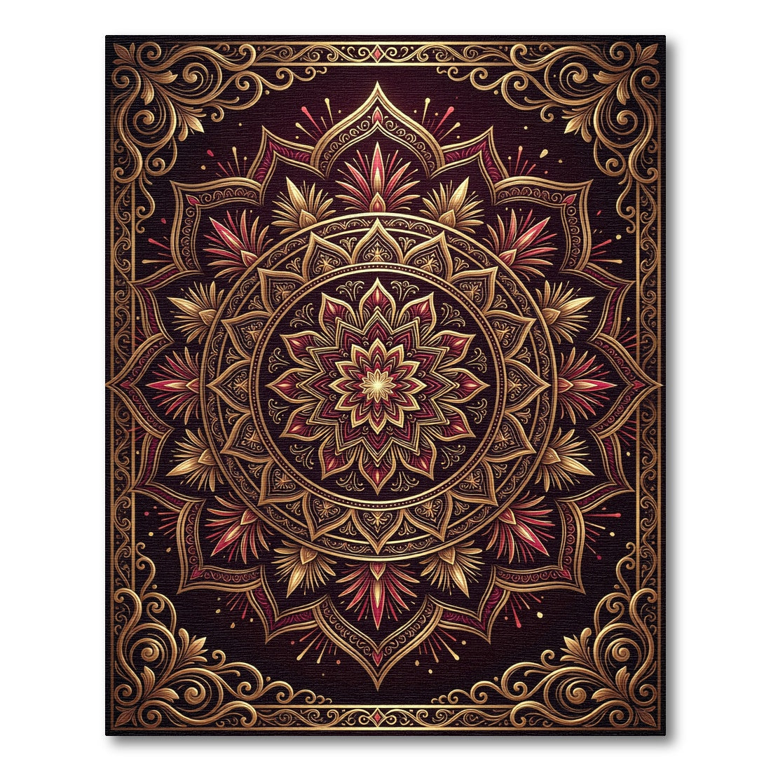 Crimson Gold Floral Mandala Rug