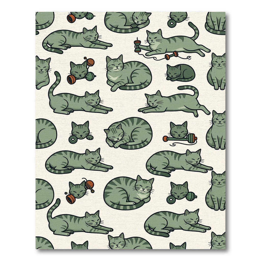 Playful Sage Green Tabby Cat Illustration Rug