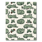 Playful Sage Green Tabby Cat Illustration Rug