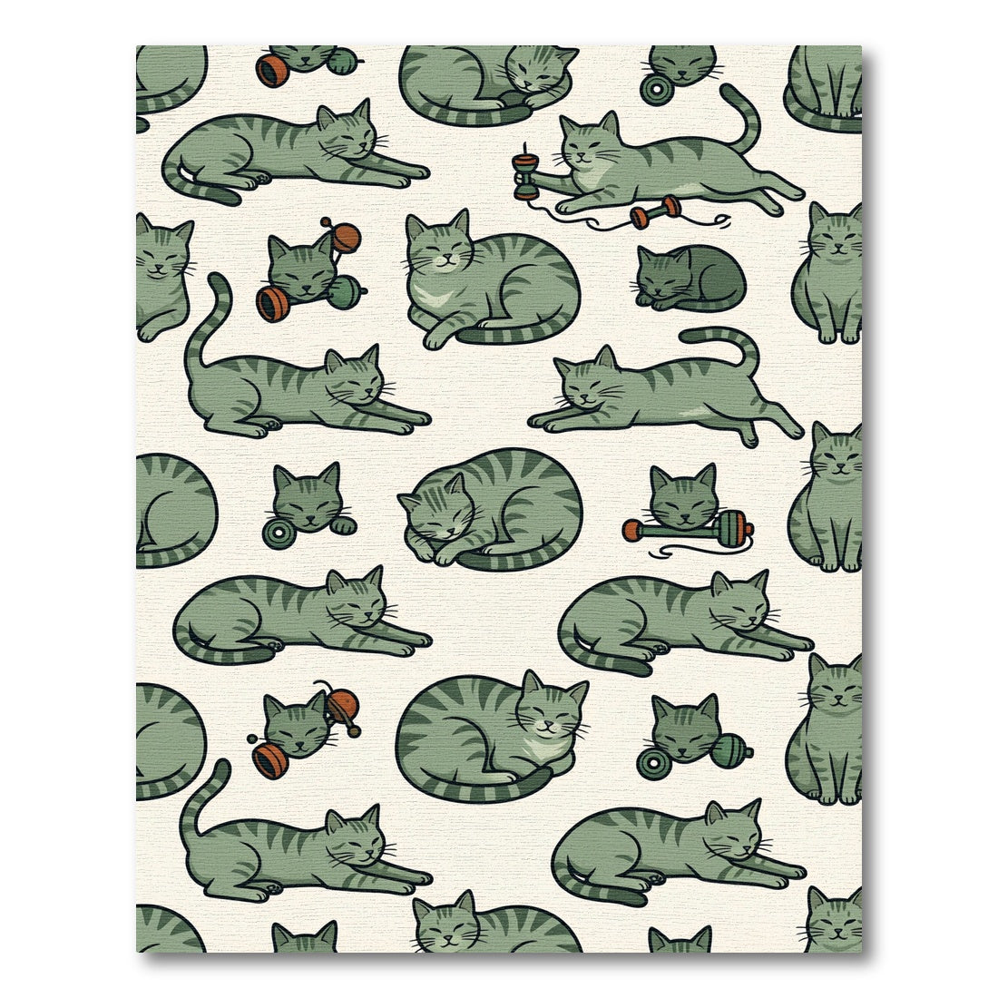 Playful Sage Green Tabby Cat Illustration Rug