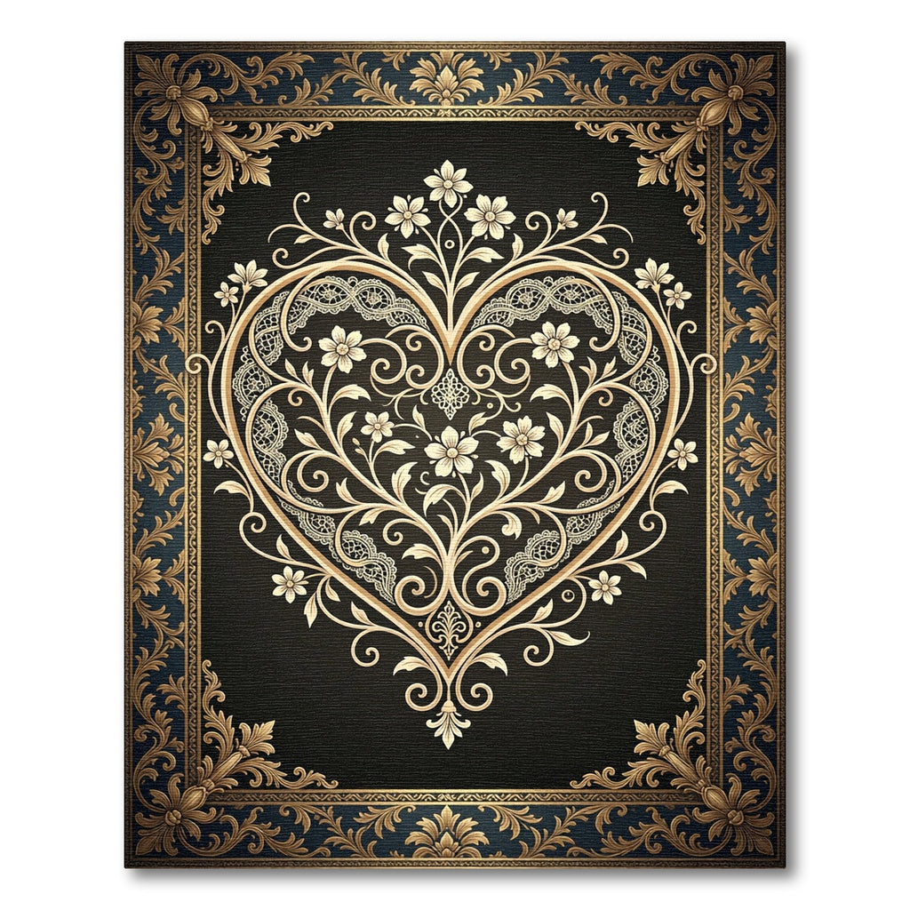 Ornate Gold Heart Floral Scrollwork Rug