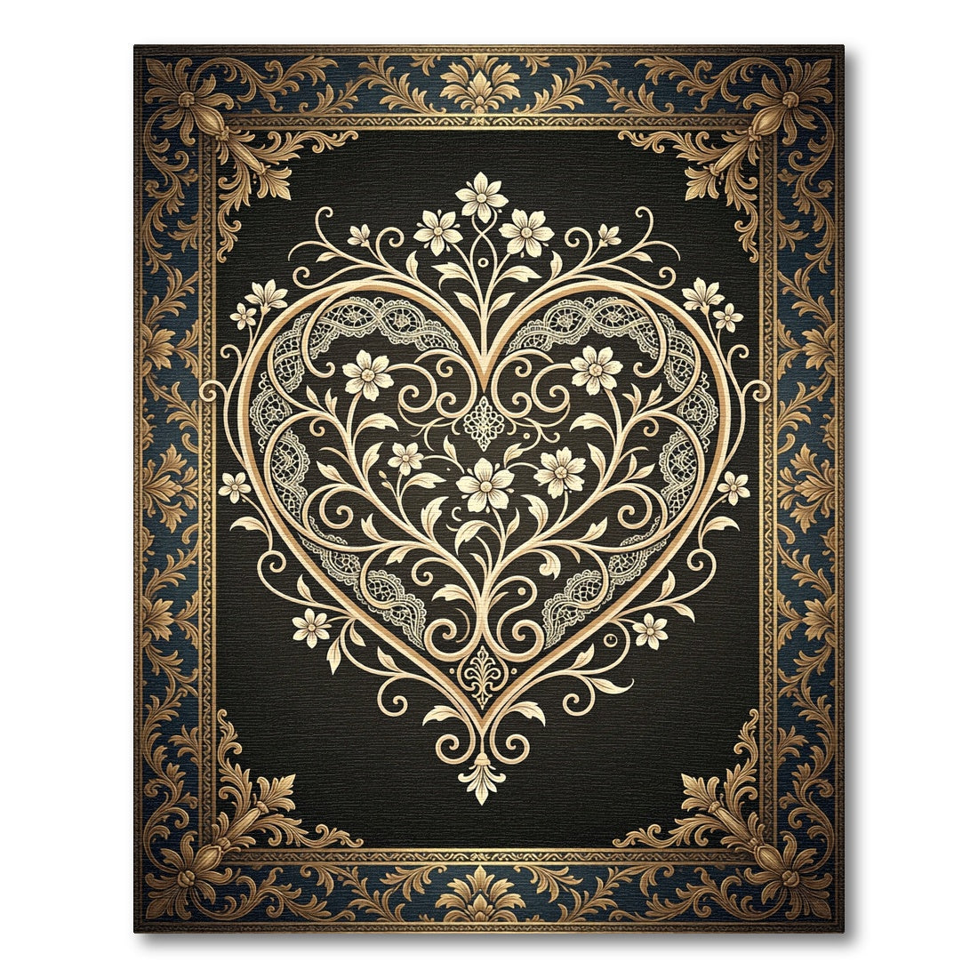 Ornate Gold Heart Floral Scrollwork Rug