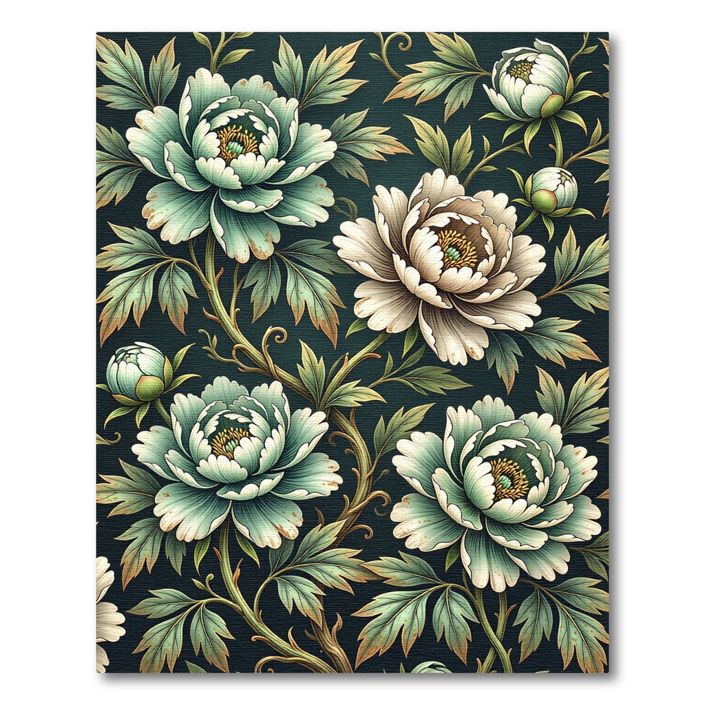 Sage Peony Floral Botanical Dark Backdrop Rug