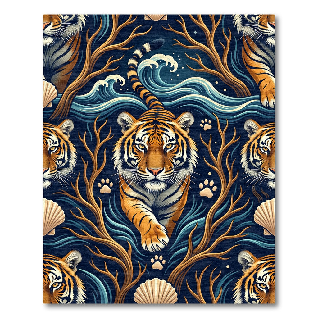 Bold Tiger Amidst Oceanic Waves Rug