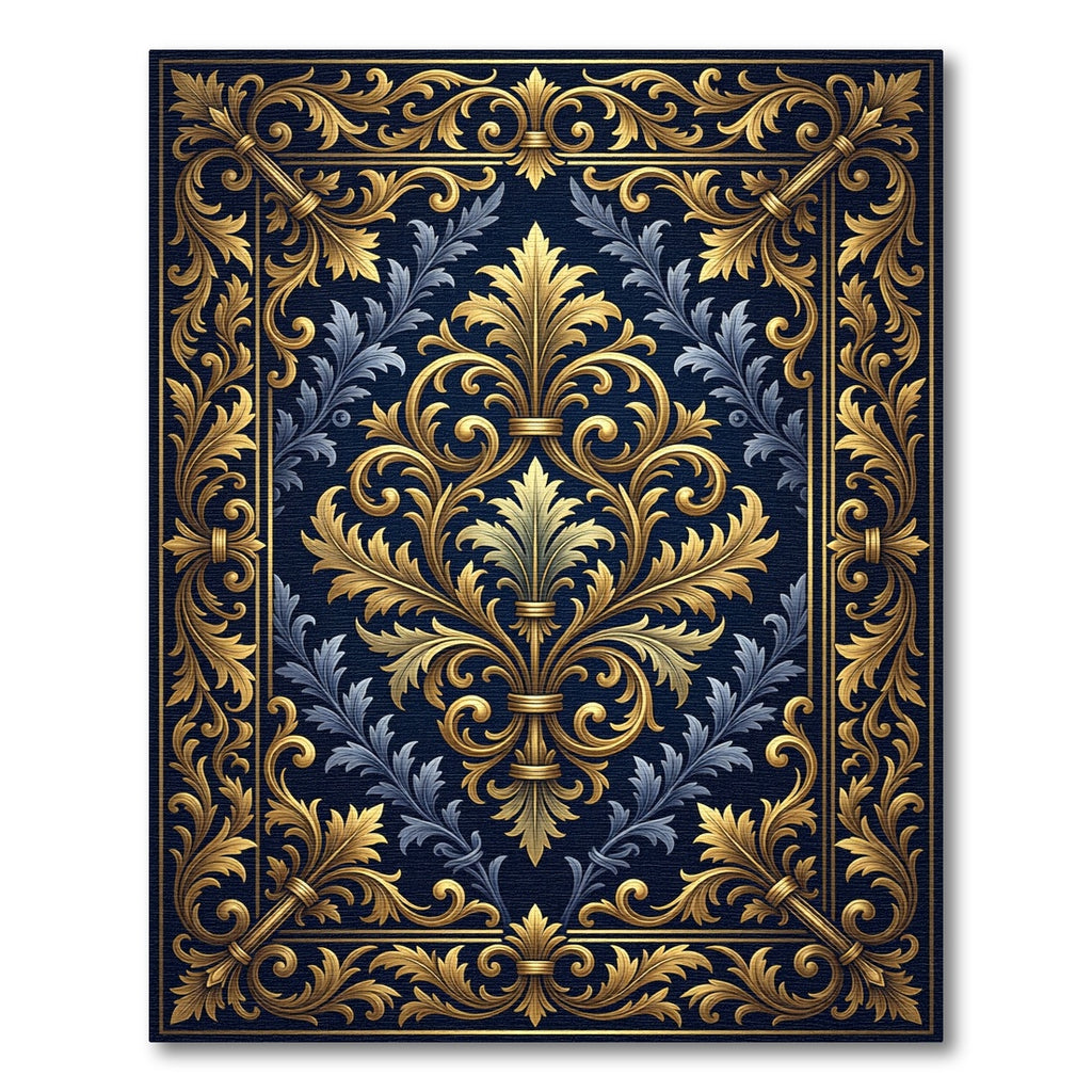 Elegant Golden Filigree Navy Damask Rug