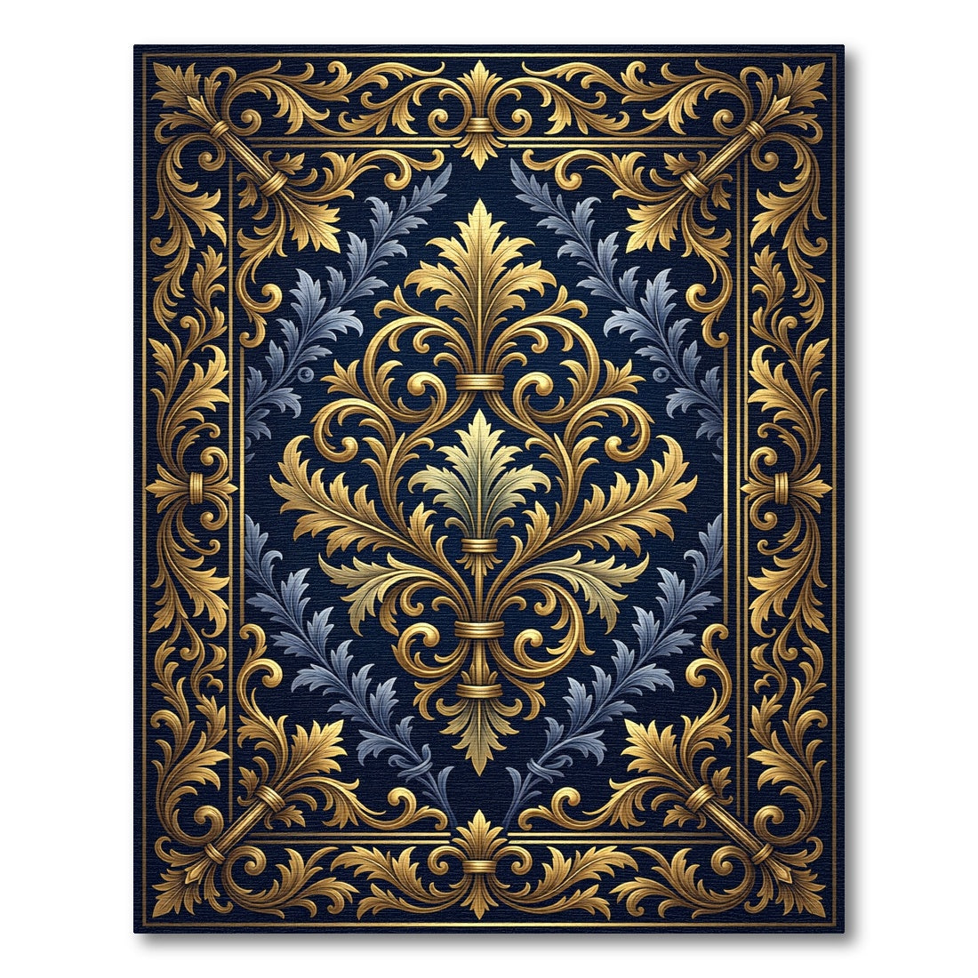 Elegant Golden Filigree Navy Damask Rug