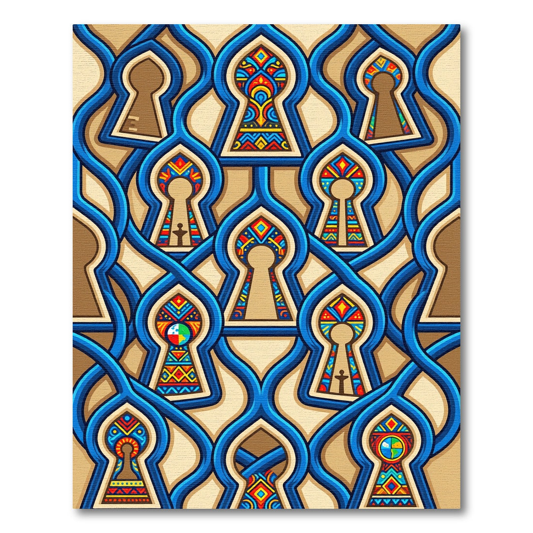 Vibrant Cobalt Interconnected Keyhole Art Rug