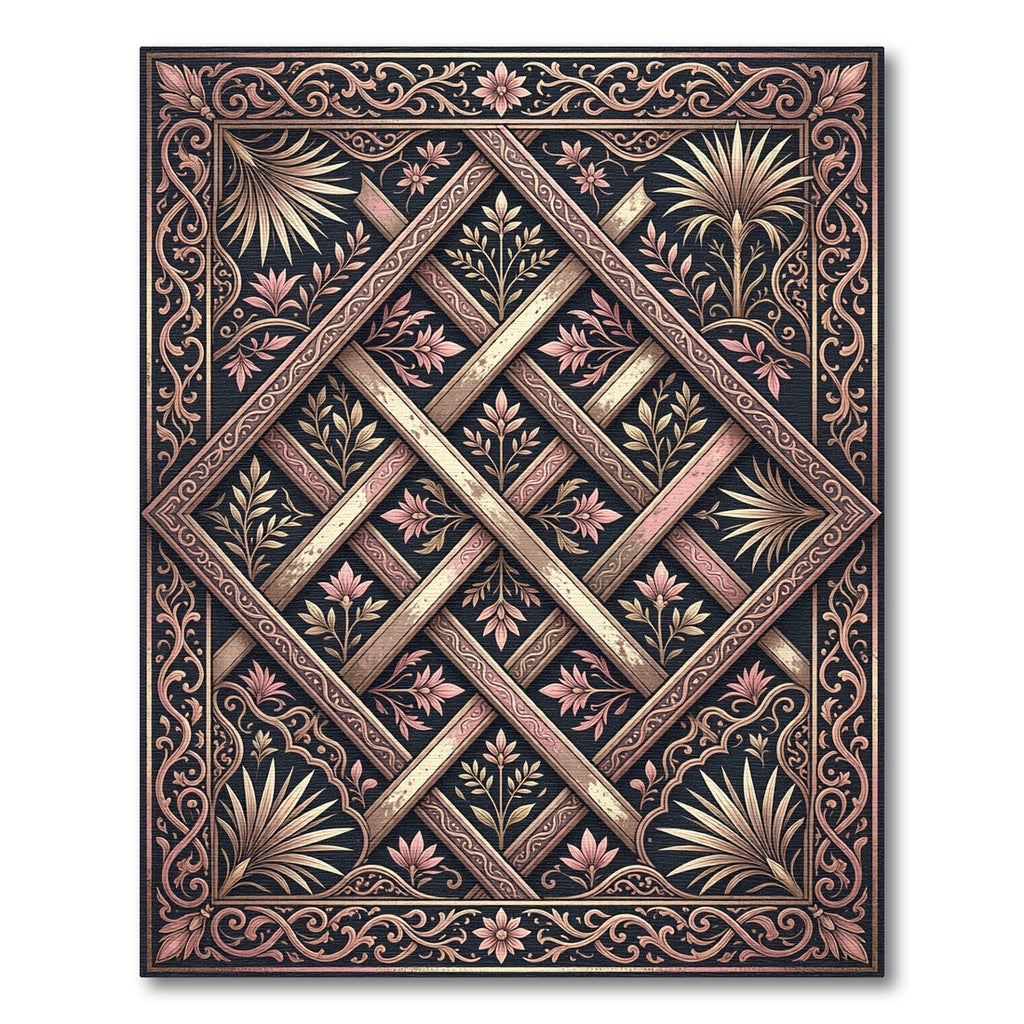 Ornate Rose Gold Trellis Floral Rug