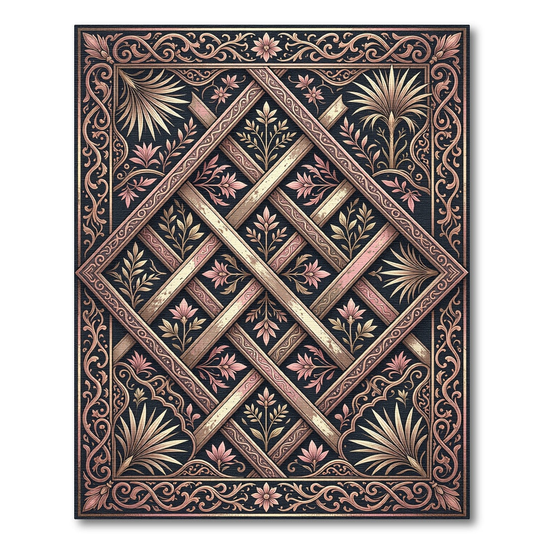 Ornate Rose Gold Trellis Floral Rug