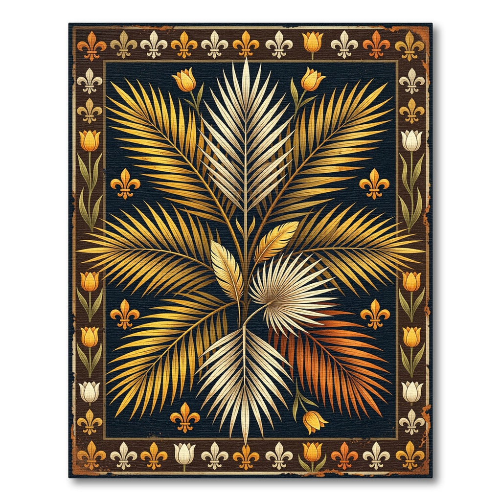 Golden Tropical Palm Fleur-de-lis Art Rug