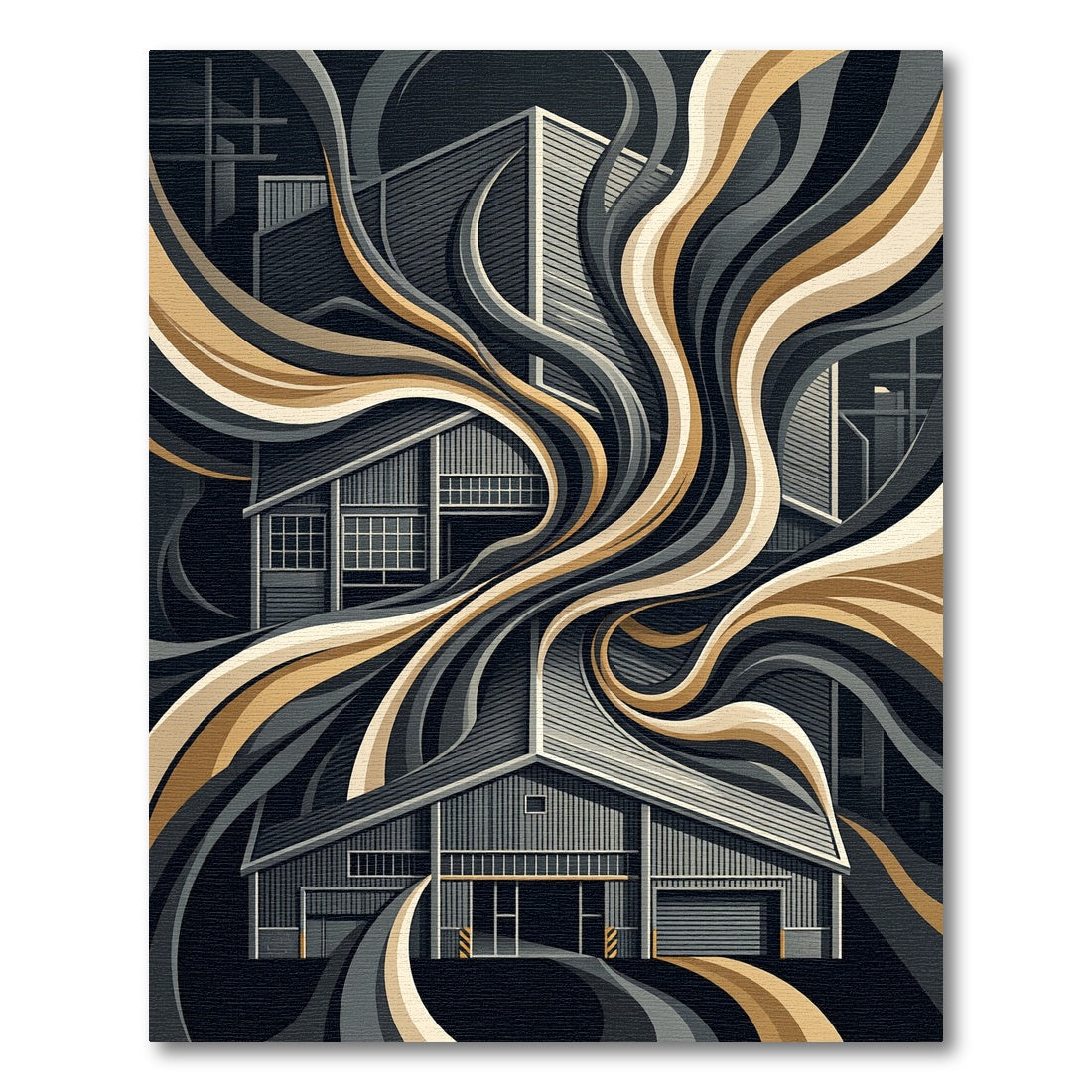 Industrial Abstract Monochrome Gold Swirl Rug