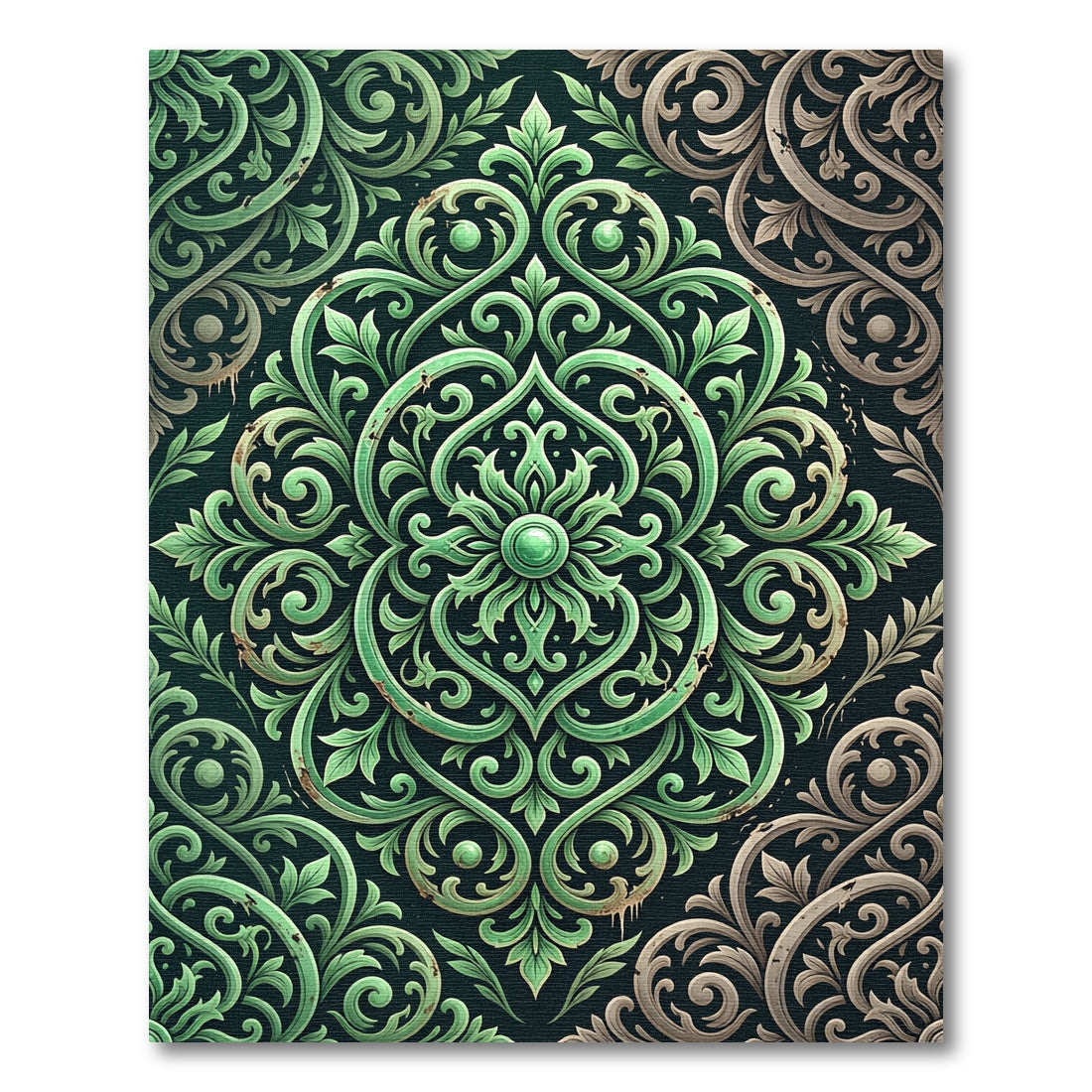 Emerald Ornate Damask Scroll Foliage Rug