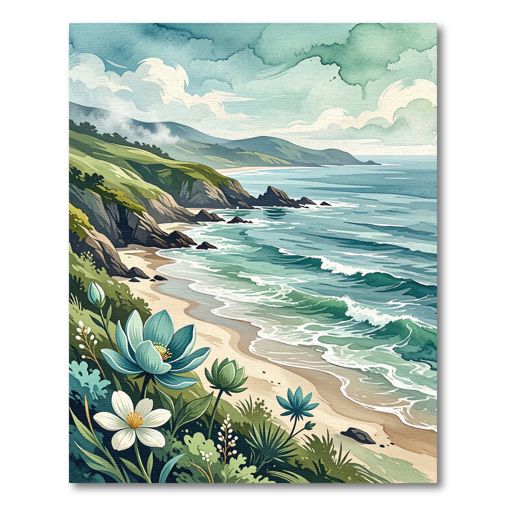 Coastal Landscape with Teal Floral Hills Rug
